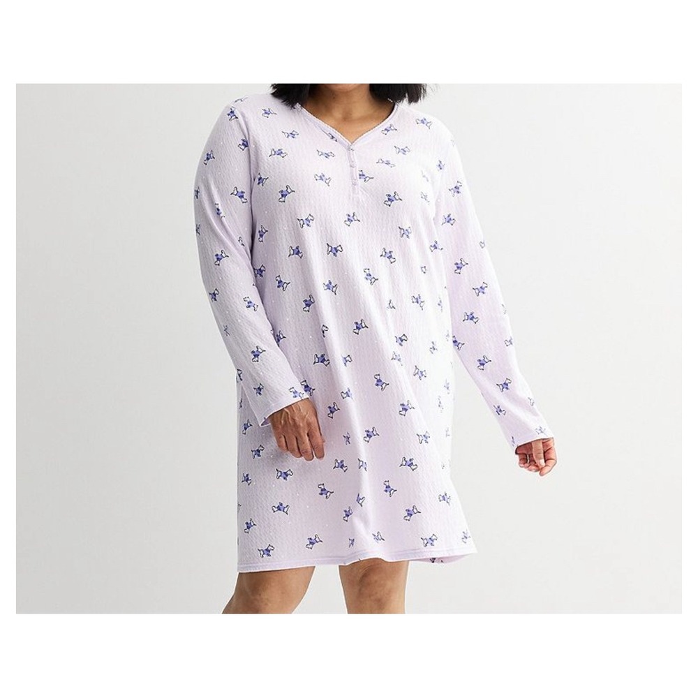 Croft & Barrow Nightgown Women 3X Purple Dog Print Long Sleeve Henley Sleep NEW